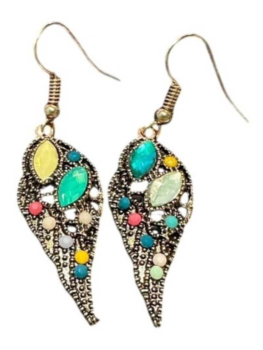 Elegant Jewel Toned Dangle Earrings Artsy Look in Antique Silver Tone New